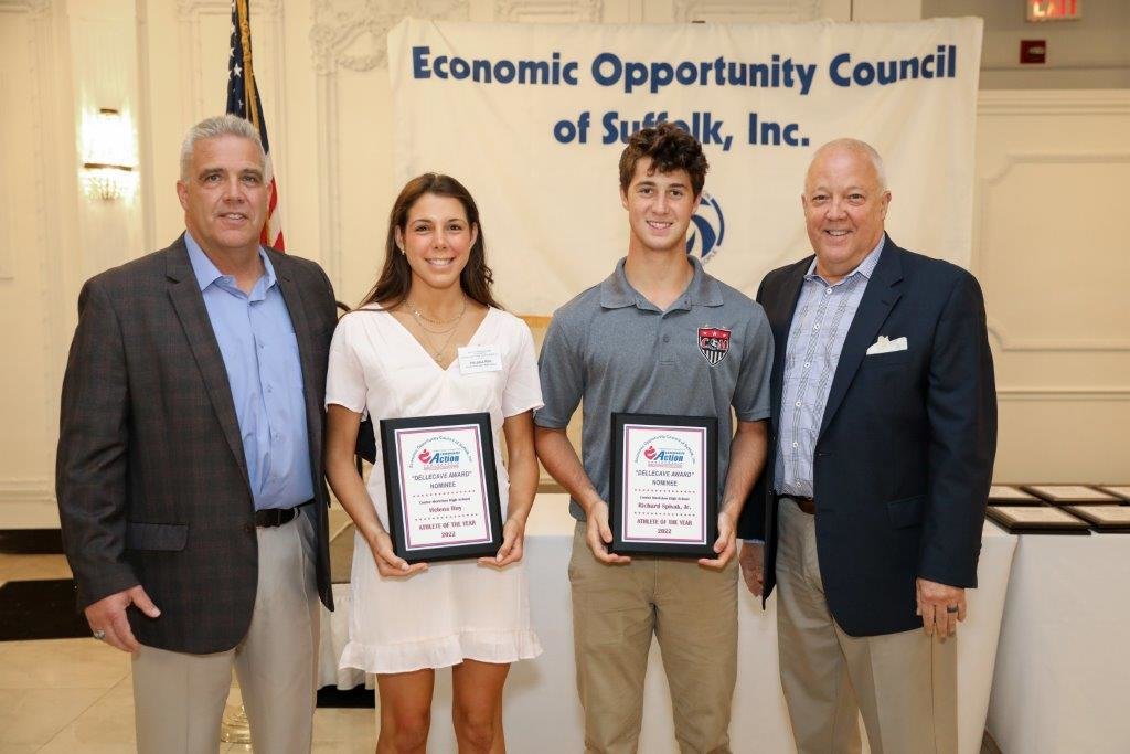 Pictured: Center Moriches High School nominees Helena Roy and Richard Spivak Jr. are flanked by Dellecave Foundation co-directors (left) Mark Dellecave and (right) Guy Dellecave.
